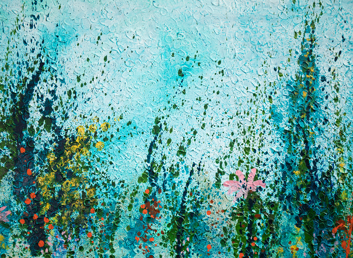 Abstract painting with a mix of blue, green, and pink hues