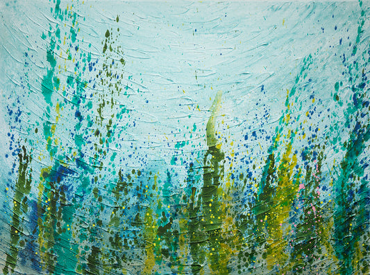 Abstract painting with splashes of green, blue, and yellow on a textured background