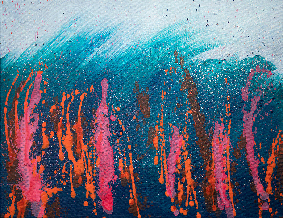 Abstract art with blue, pink, and orange colors on a textured background
