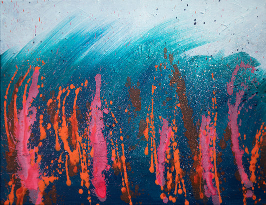 Abstract art with blue, pink, and orange colors on a textured background