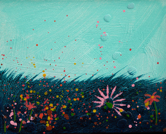 Abstract painting with flowers and dots on a textured background