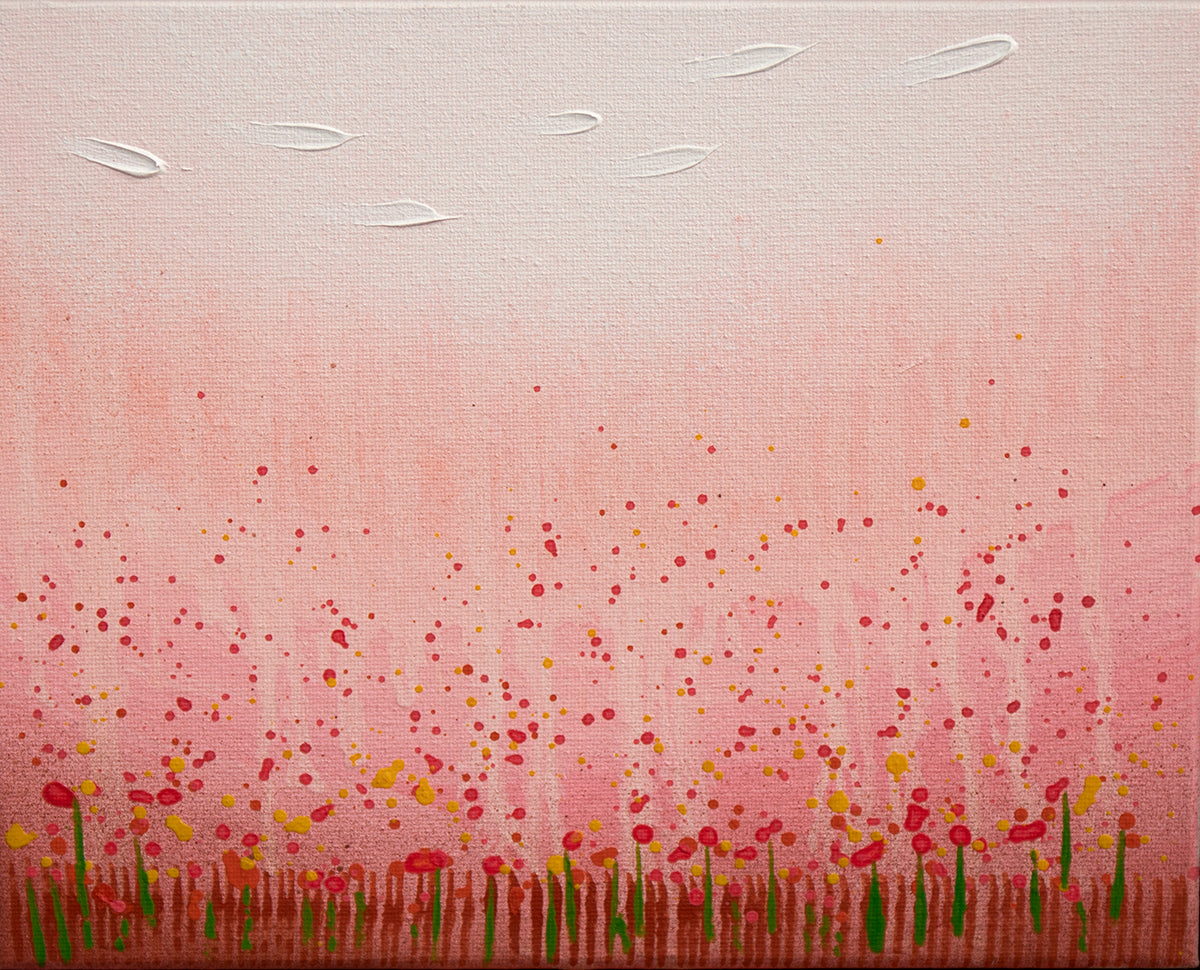 Artistic depiction of a field with small flowers and white birds on a pink background