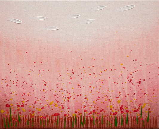 Artistic depiction of a field with small flowers and white birds on a pink background