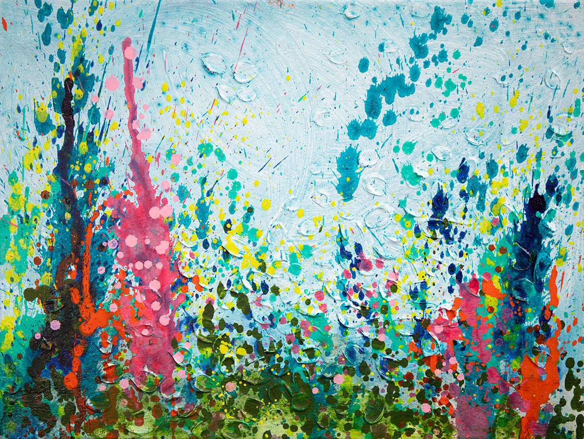 Abstract painting with splashes of color on a light blue background