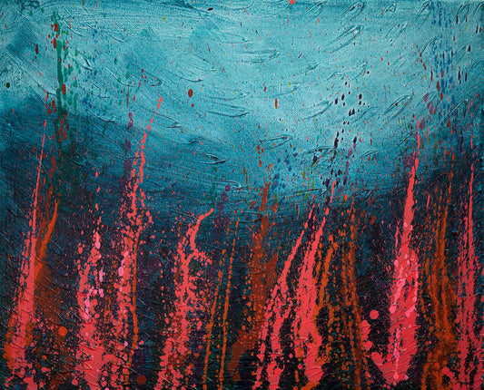 Abstract art with red and blue brush strokes on a textured surface