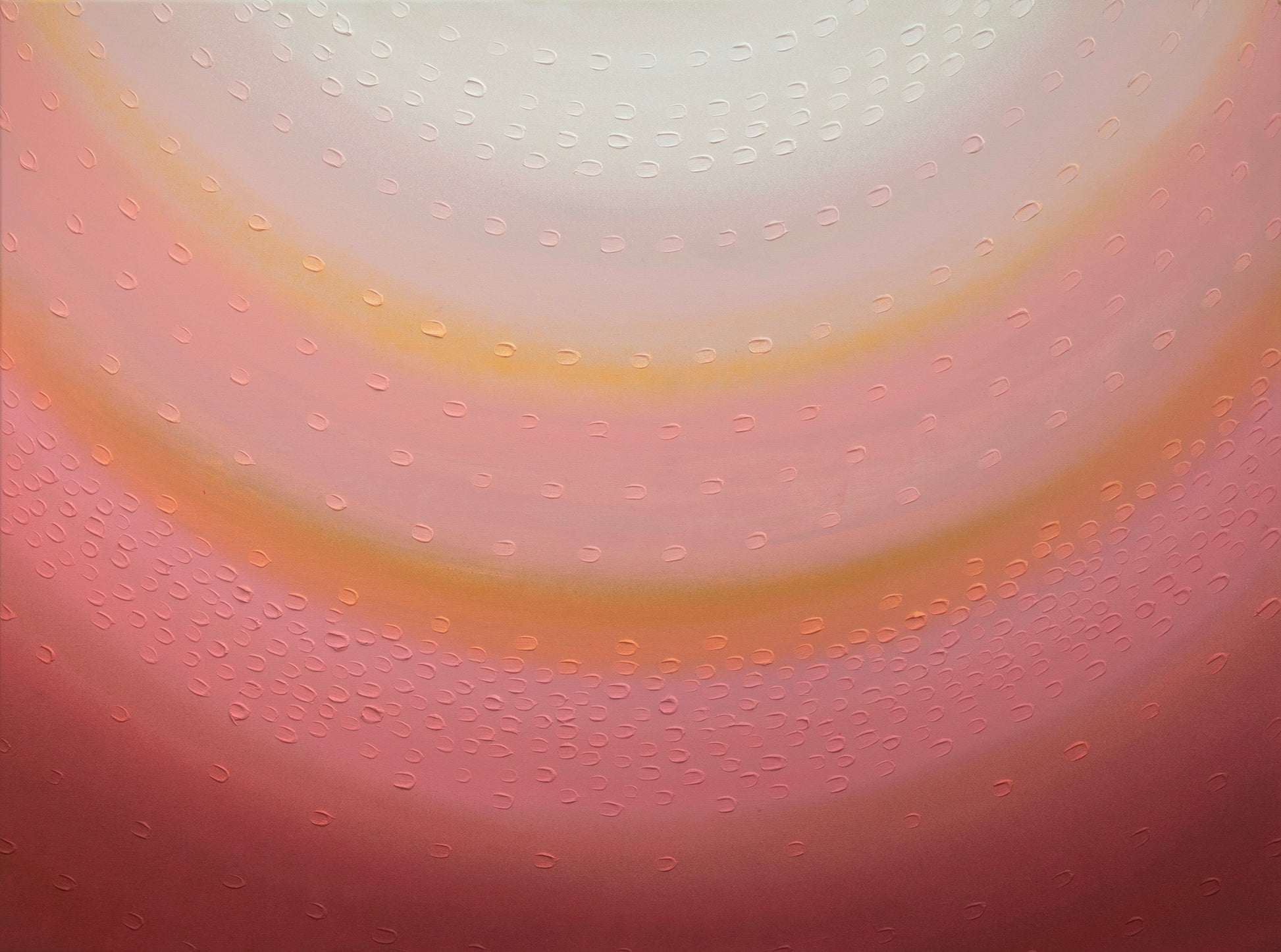 Abstract painting with a blend of neutral and pink tones, with a textured surface, framed in oak.