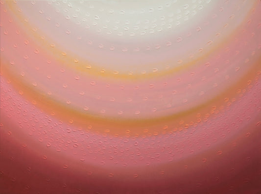 Abstract painting with a blend of neutral and pink tones, with a textured surface, framed in oak.