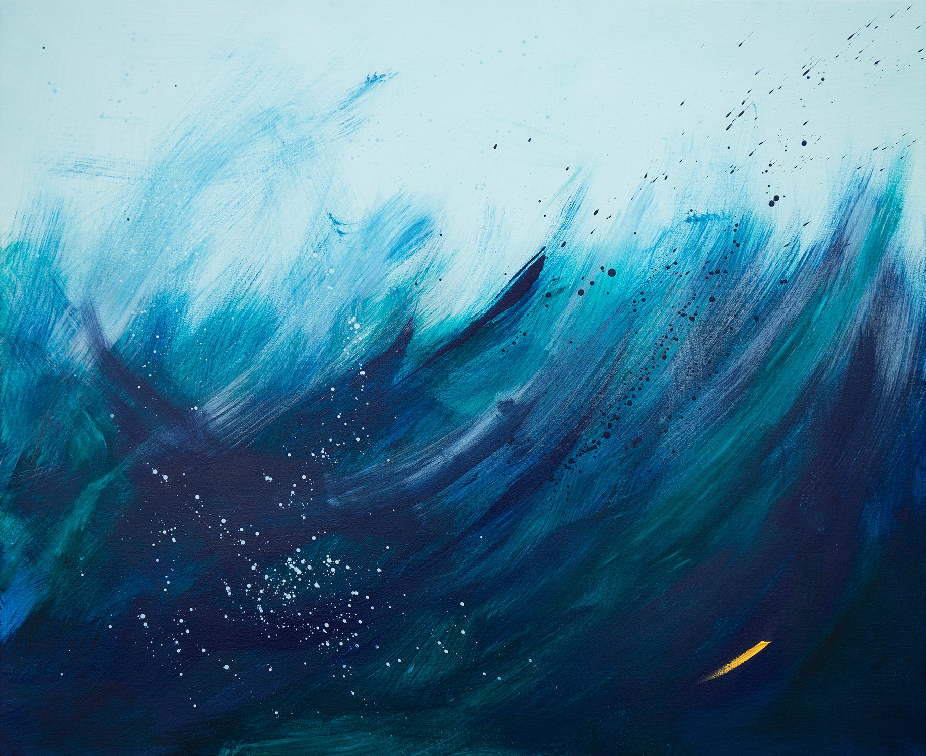 Abstract painting with blue and black brush strokes on a light blue background