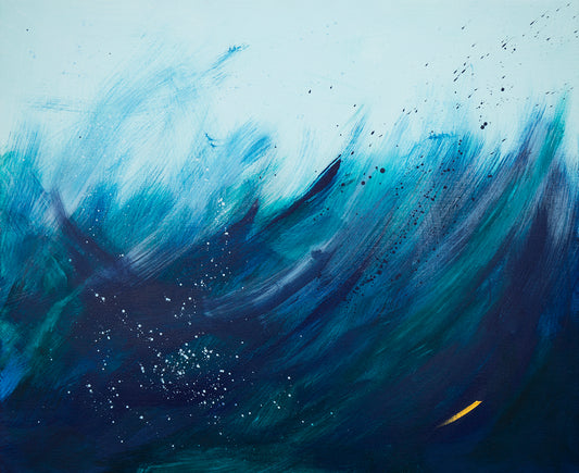 Abstract painting with blue and black brush strokes on a light blue background